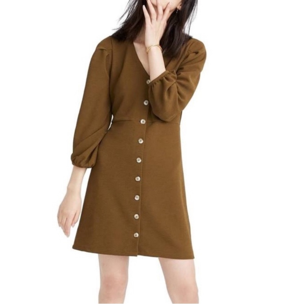 Madewell Texture & Thread Olive Crepe Balloon Sleeve Dress